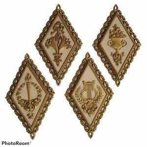 Vintage 70s Homco gold cream wall plaques four classical motifs 8 x 14